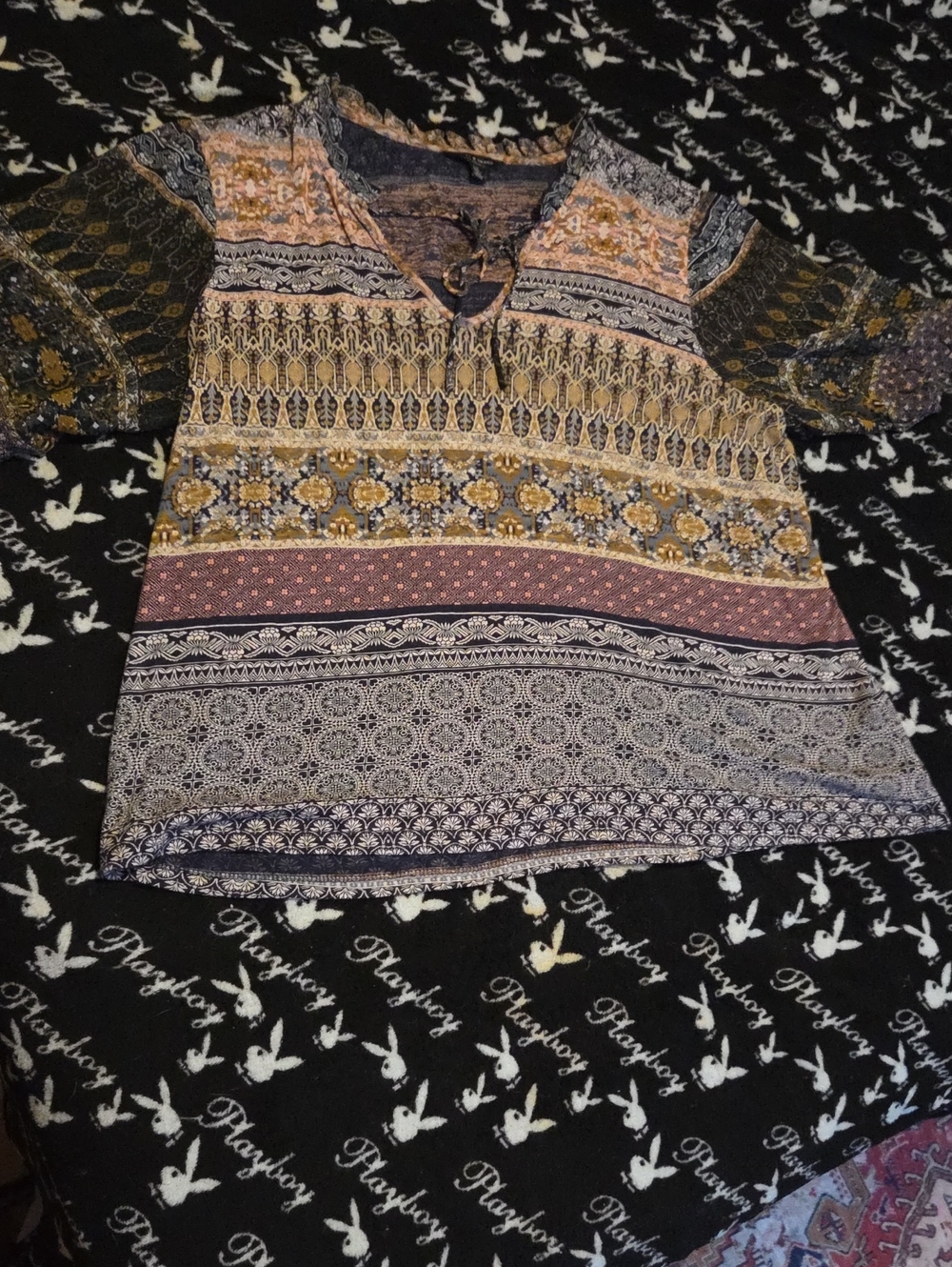 Lucky Brand Multicolor Boho Print Top in Navy, Mustard & Pink